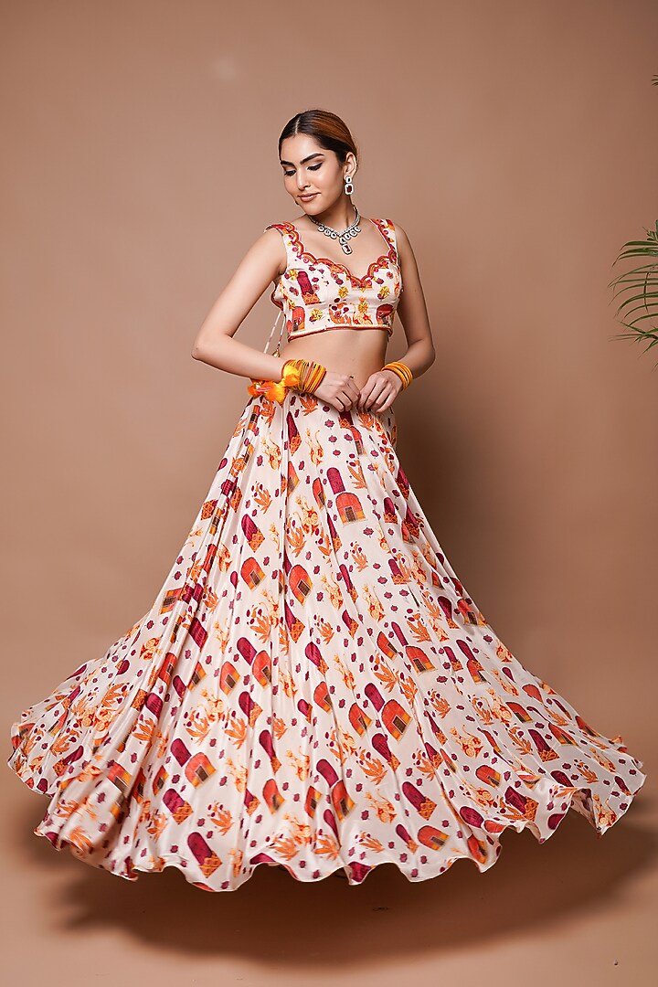 Cream Heavy Georgette Digital Printed Wedding Lehenga Set by AHI CLOTHING at Pernia's Pop Up Shop
