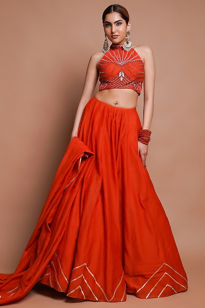 Orange Chanderi Silk Kalidar Lehenga Set by AHI CLOTHING