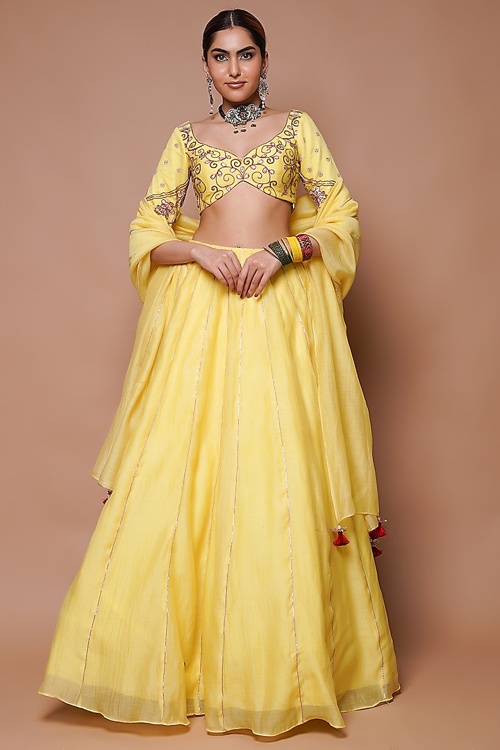 Lemon Yellow Chanderi Silk Lehenga Set by AHI CLOTHING