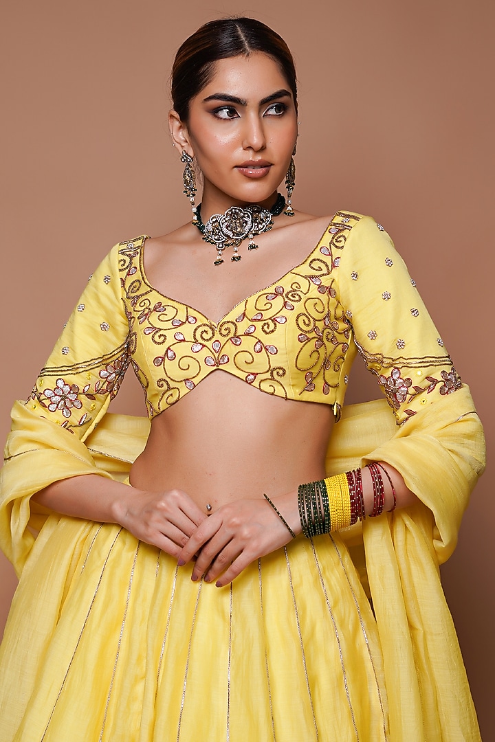 Lemon Yellow Chanderi Silk Wedding Lehenga Set by AHI CLOTHING at Pernia's Pop Up Shop