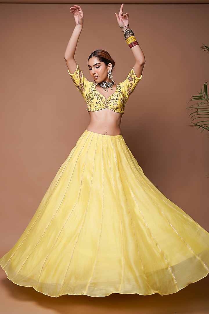 Lemon Yellow Chanderi Silk Wedding Lehenga Set by AHI CLOTHING at Pernia's Pop Up Shop