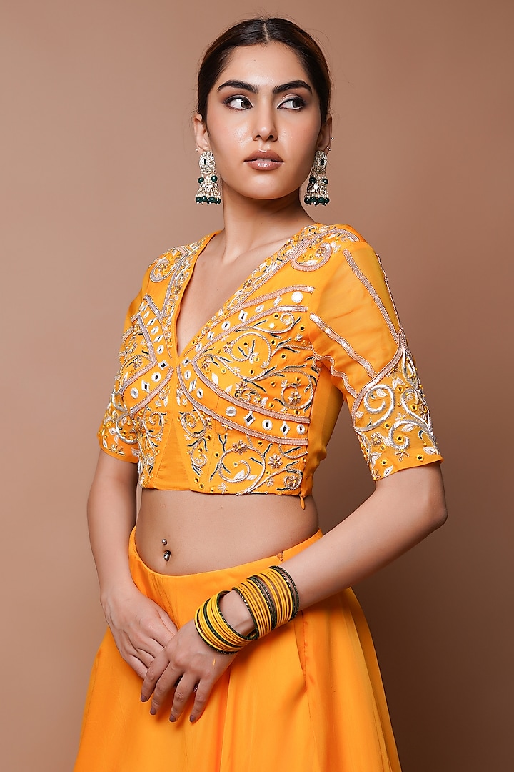 Mango Yellow Heavy Organza Wedding Lehenga Set by AHI CLOTHING at Pernia's Pop Up Shop