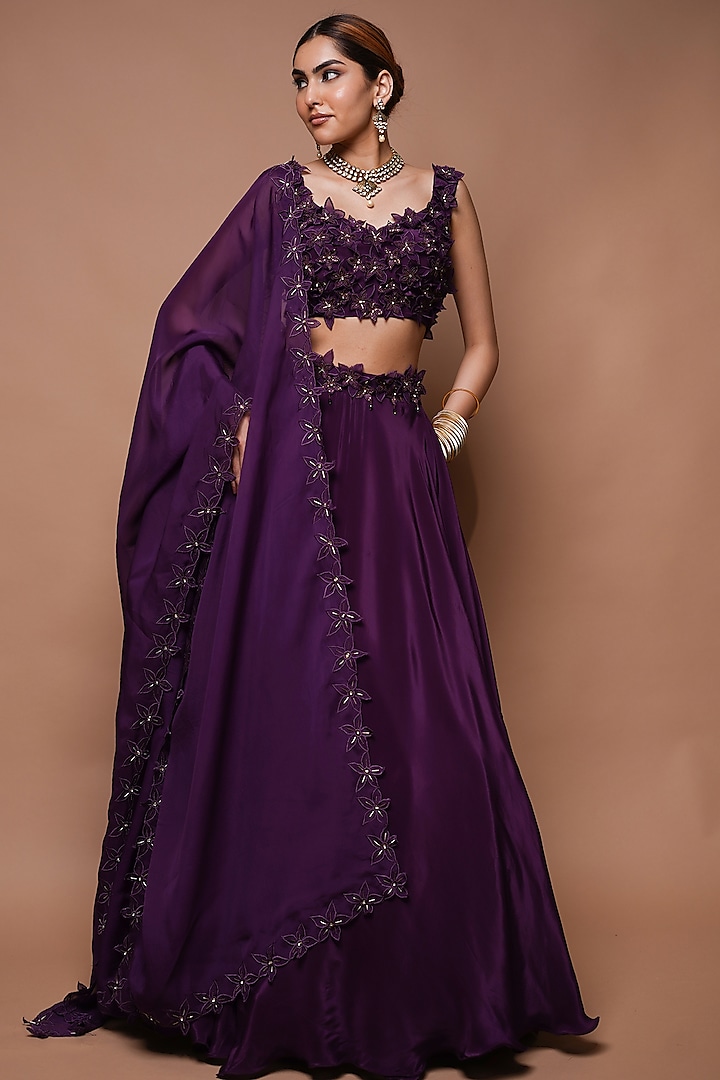 Wine Natural Crepe Lace Worked Wedding Lehenga Set by AHI CLOTHING at Pernia's Pop Up Shop