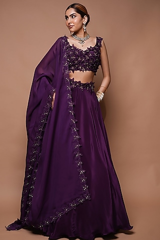 Wine Natural Crepe Lace Worked Lehenga Set by AHI CLOTHING