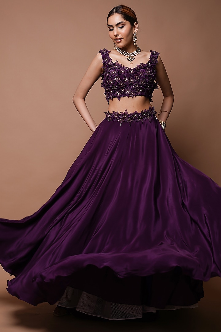 Wine Natural Crepe Lace Worked Wedding Lehenga Set by AHI CLOTHING at Pernia's Pop Up Shop