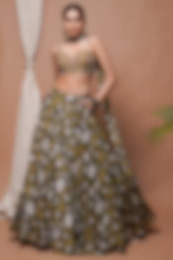 Mustard Natural Crepe Digital Printed Wedding Lehenga Set by AHI CLOTHING at Pernia's Pop Up Shop