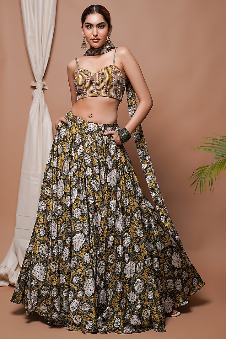 Mustard Natural Crepe Digital Printed Wedding Lehenga Set by AHI CLOTHING at Pernia's Pop Up Shop