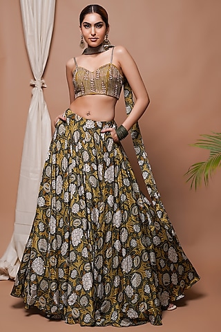 Mustard Natural Crepe Digital Printed Lehenga Set by AHI CLOTHING