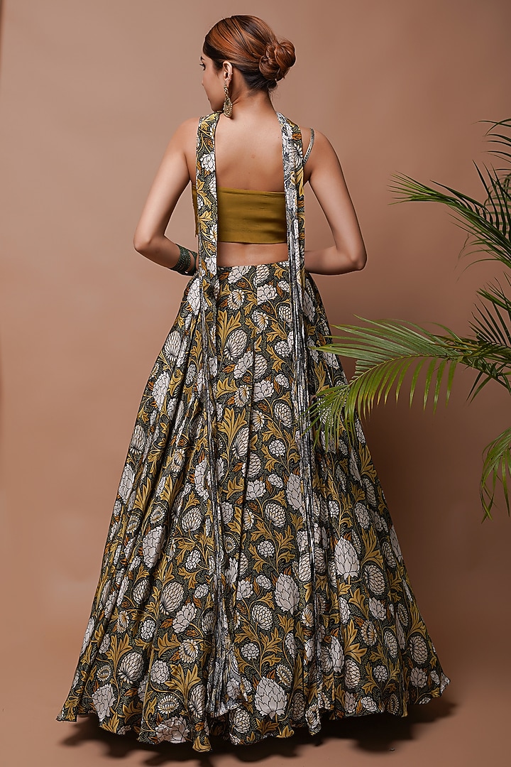 Mustard Natural Crepe Digital Printed Wedding Lehenga Set by AHI CLOTHING at Pernia's Pop Up Shop
