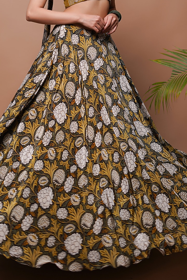 Mustard Natural Crepe Digital Printed Wedding Lehenga Set by AHI CLOTHING at Pernia's Pop Up Shop
