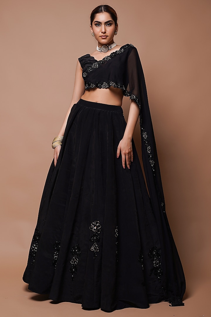 Black Heavy Organza Resham & Mirror Embroidered Kalidar Wedding Lehenga Set by AHI CLOTHING at Pernia's Pop Up Shop