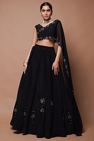 Black Heavy Organza Resham & Mirror Embroidered Kalidar Lehenga Set by AHI CLOTHING