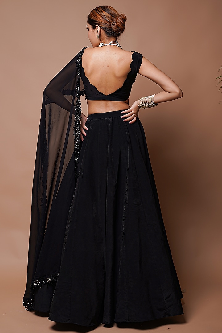 Black Heavy Organza Resham & Mirror Embroidered Kalidar Wedding Lehenga Set by AHI CLOTHING at Pernia's Pop Up Shop