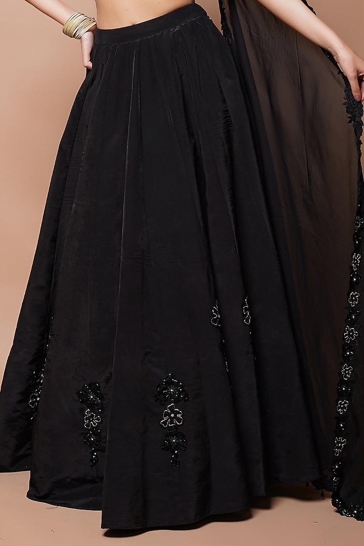 Black Heavy Organza Resham & Mirror Embroidered Kalidar Wedding Lehenga Set by AHI CLOTHING at Pernia's Pop Up Shop