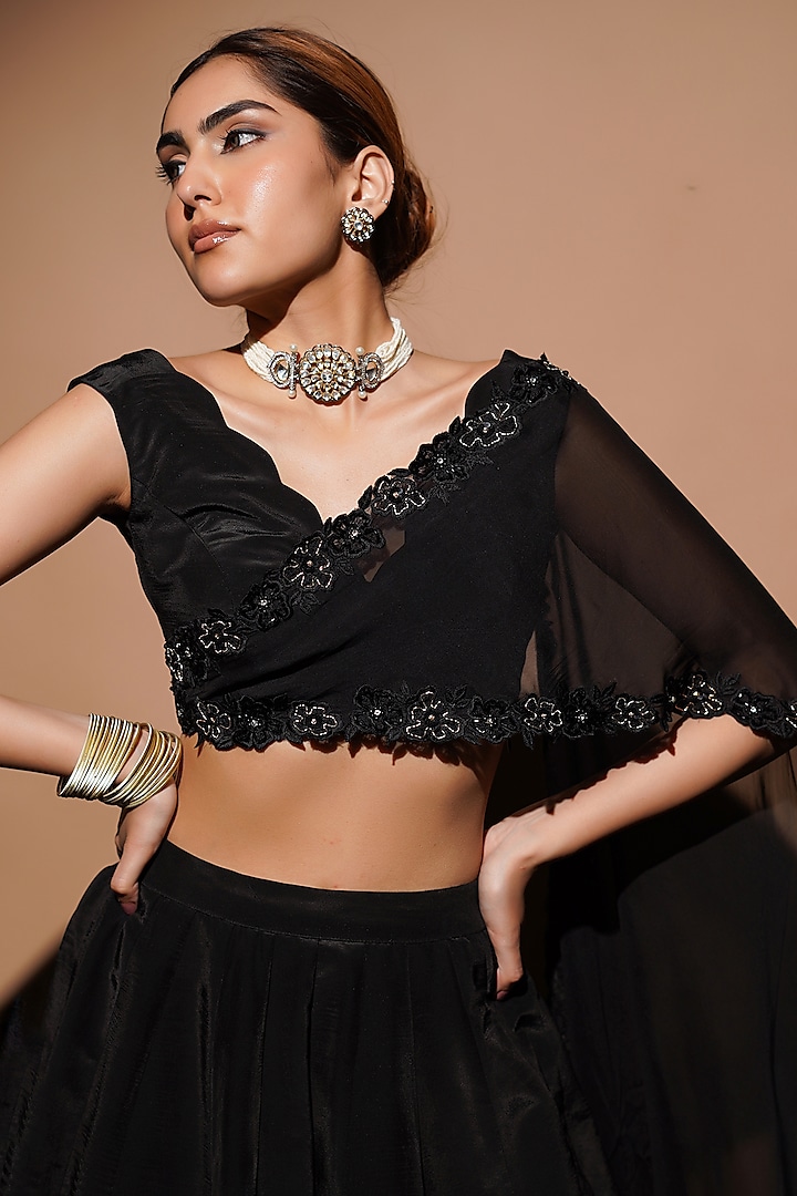 Black Heavy Organza Resham & Mirror Embroidered Kalidar Wedding Lehenga Set by AHI CLOTHING at Pernia's Pop Up Shop