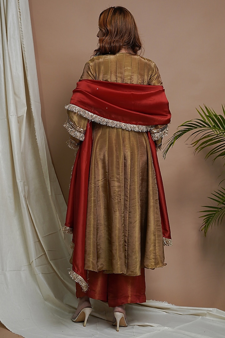 Golden Tissue Silk Motif Embroidered Kalidar Wedding Anarkali Sat by AHI CLOTHING at Pernia's Pop Up Shop