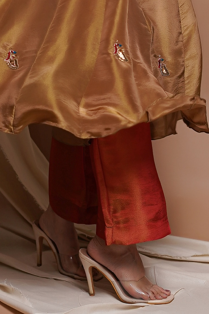 Golden Tissue Silk Motif Embroidered Kalidar Wedding Anarkali Sat by AHI CLOTHING at Pernia's Pop Up Shop