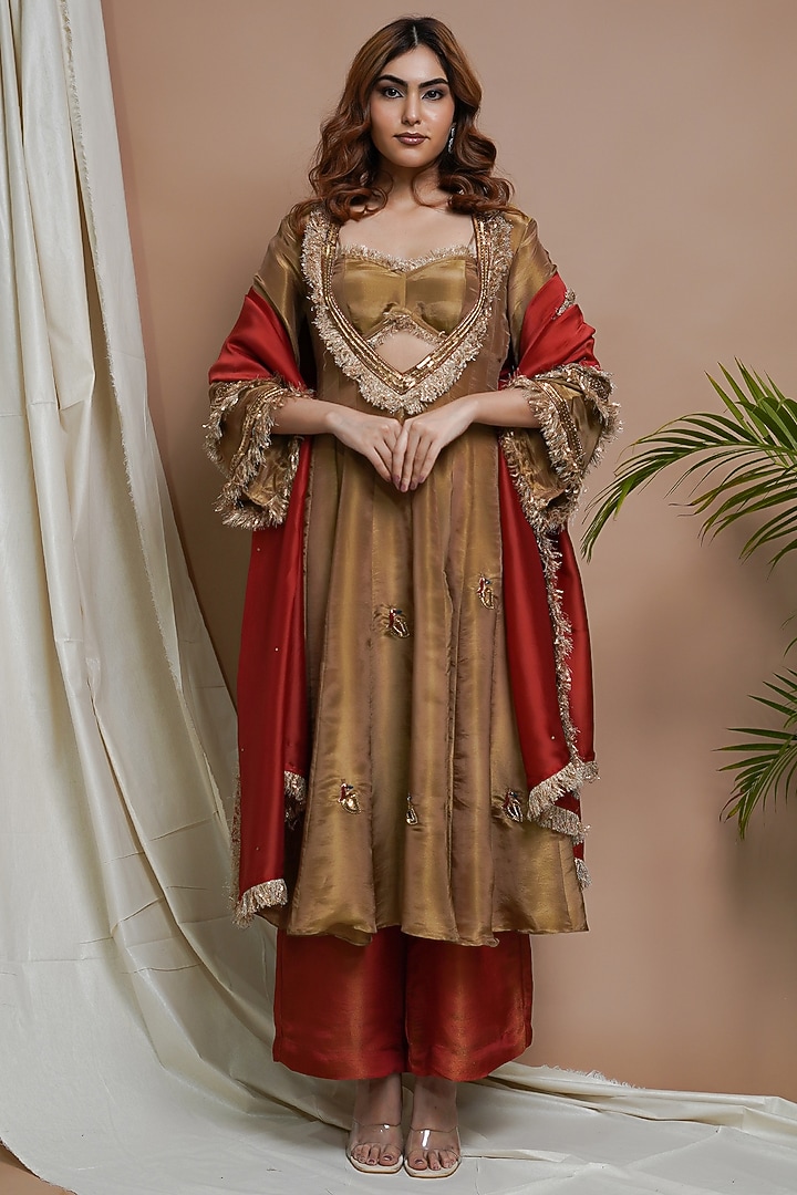 Golden Tissue Silk Motif Embroidered Kalidar Wedding Anarkali Sat by AHI CLOTHING at Pernia's Pop Up Shop