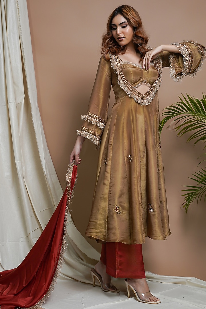 Golden Tissue Silk Motif Embroidered Kalidar Wedding Anarkali Sat by AHI CLOTHING at Pernia's Pop Up Shop