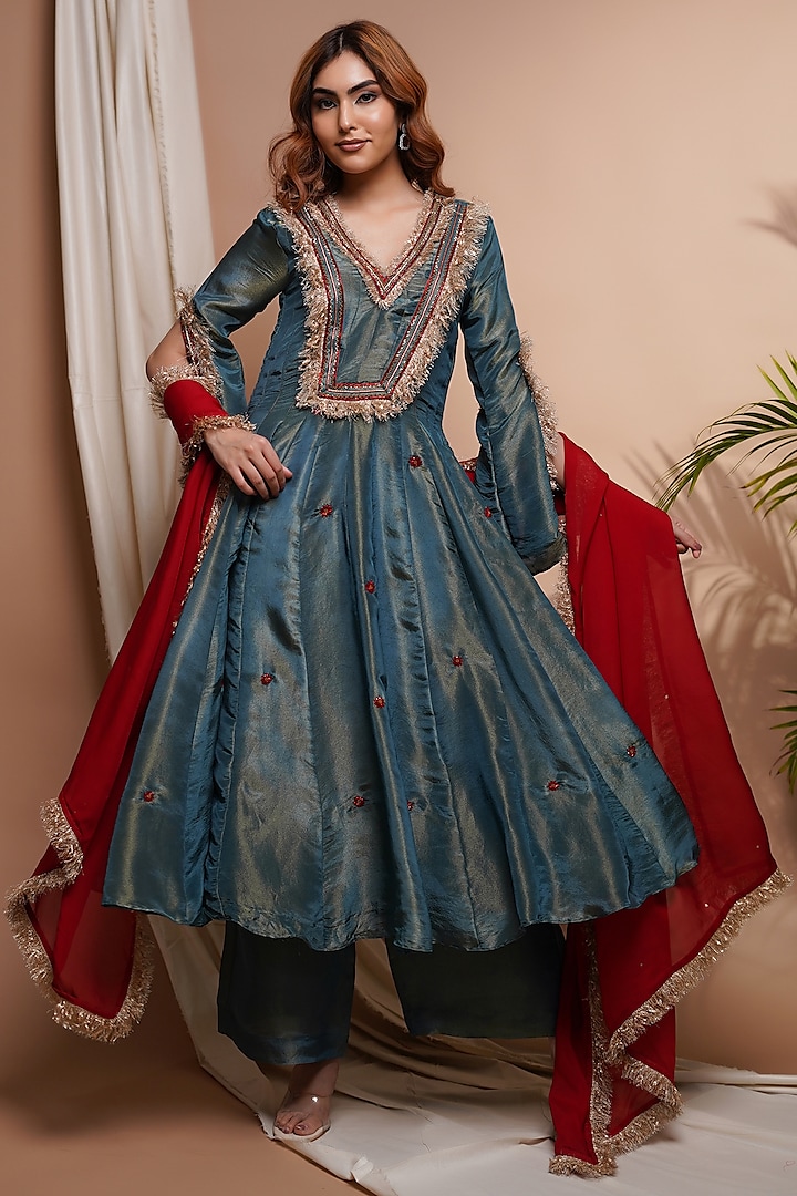 Blue Tissue Silk Motif Embroidered Anarkali Set by AHI CLOTHING at Pernia's Pop Up Shop