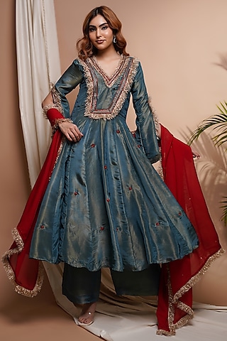 Blue Tissue Silk Motif Embroidered Anarkali Set by AHI CLOTHING