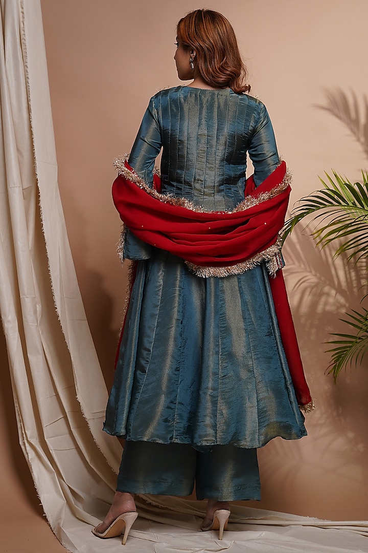 Blue Tissue Silk Motif Embroidered Wedding Anarkali Set by AHI CLOTHING at Pernia's Pop Up Shop
