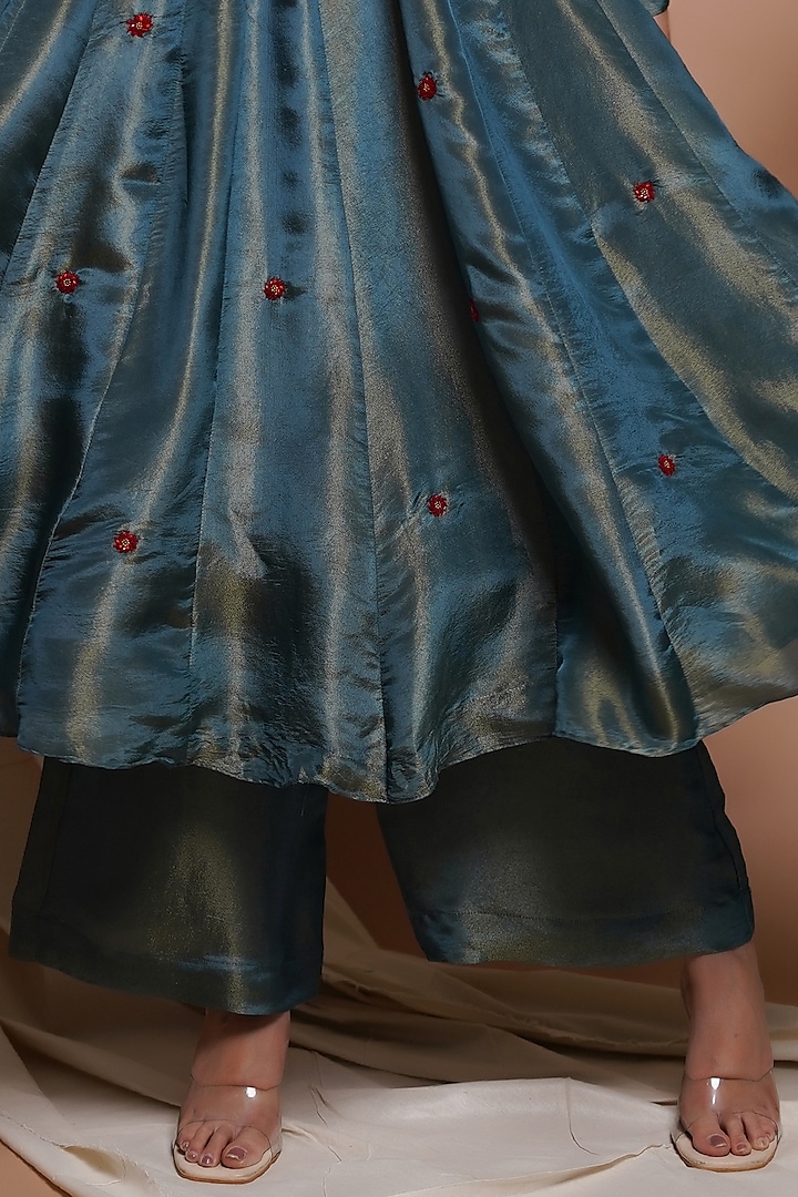 Blue Tissue Silk Motif Embroidered Wedding Anarkali Set by AHI CLOTHING at Pernia's Pop Up Shop