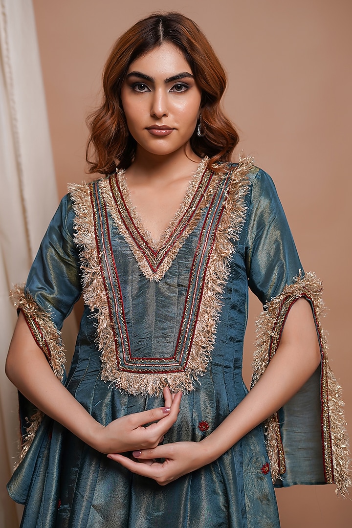 Blue Tissue Silk Motif Embroidered Wedding Anarkali Set by AHI CLOTHING at Pernia's Pop Up Shop