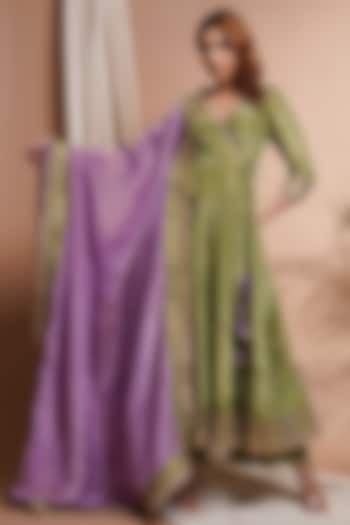 Green Tissue Silk Cutdana & Resham Embroidered Wedding Anarkali Set by AHI CLOTHING at Pernia's Pop Up Shop