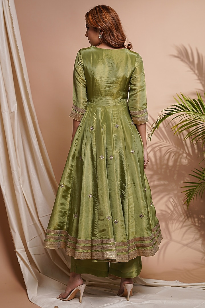 Green Tissue Silk Cutdana & Resham Embroidered Wedding Anarkali Set by AHI CLOTHING at Pernia's Pop Up Shop