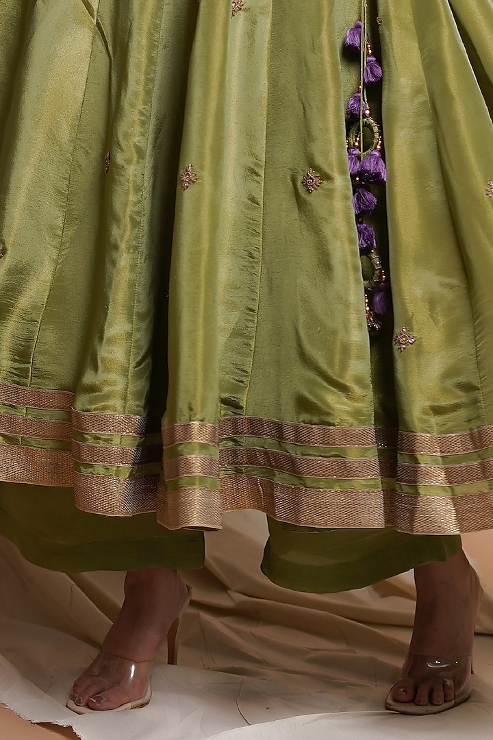 Green Tissue Silk Cutdana & Resham Embroidered Wedding Anarkali Set by AHI CLOTHING at Pernia's Pop Up Shop