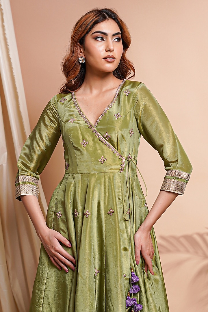 Green Tissue Silk Cutdana & Resham Embroidered Wedding Anarkali Set by AHI CLOTHING at Pernia's Pop Up Shop