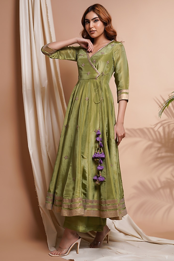 Green Tissue Silk Cutdana & Resham Embroidered Wedding Anarkali Set by AHI CLOTHING at Pernia's Pop Up Shop