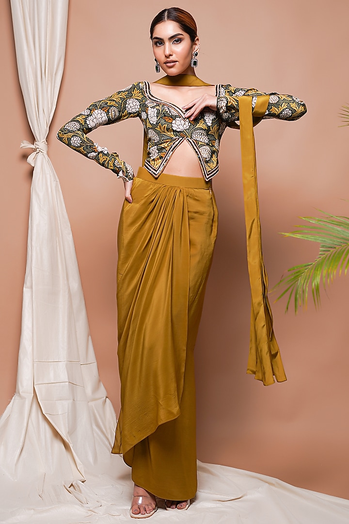 Mustard Natural Crepe Draped Skirt Set by AHI CLOTHING at Pernia's Pop Up Shop