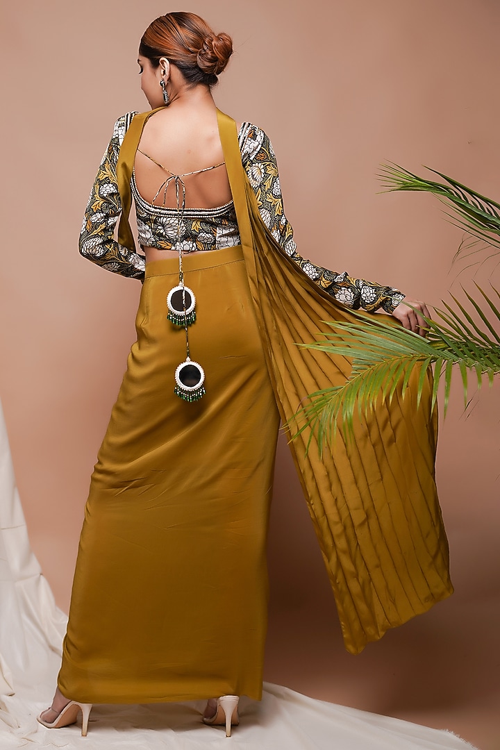 Mustard Natural Crepe Draped Skirt Set by AHI CLOTHING at Pernia's Pop Up Shop