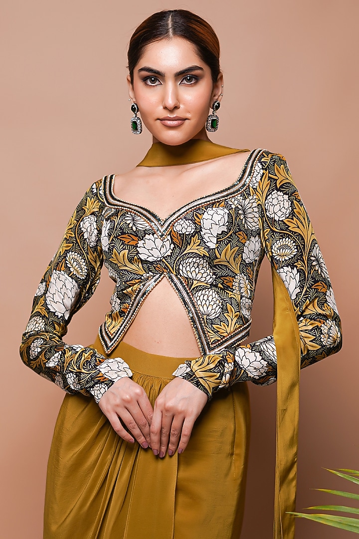Mustard Natural Crepe Draped Skirt Set by AHI CLOTHING at Pernia's Pop Up Shop
