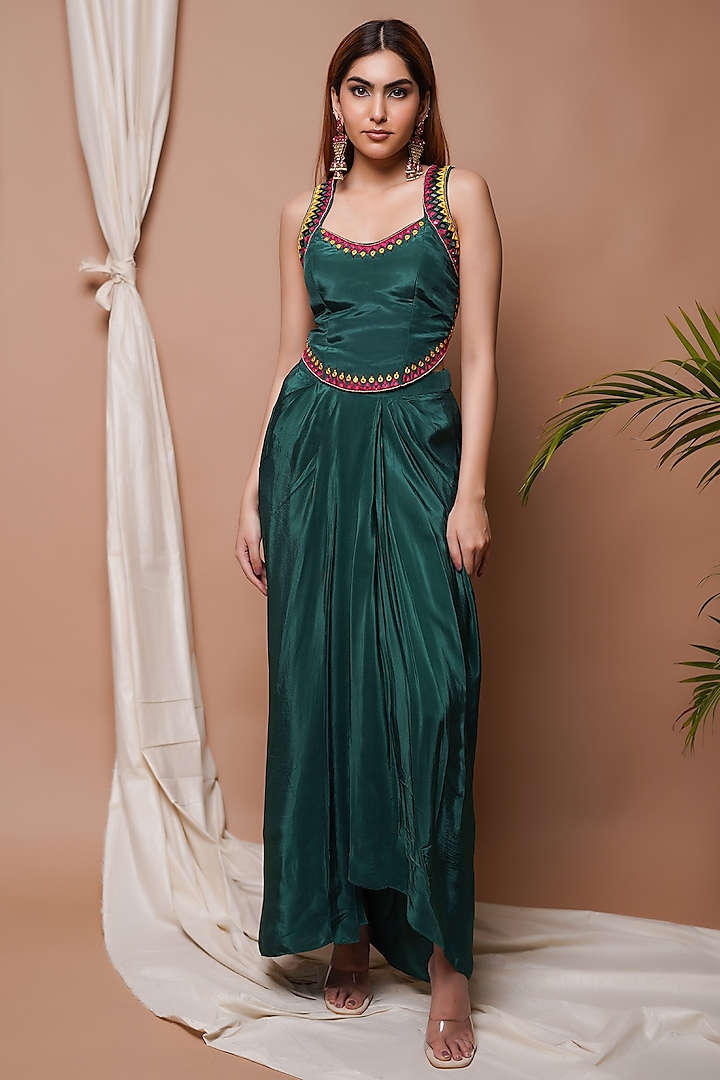 Bottle Green Natural Crepe Draped Skirt Set by AHI CLOTHING at Pernia's Pop Up Shop