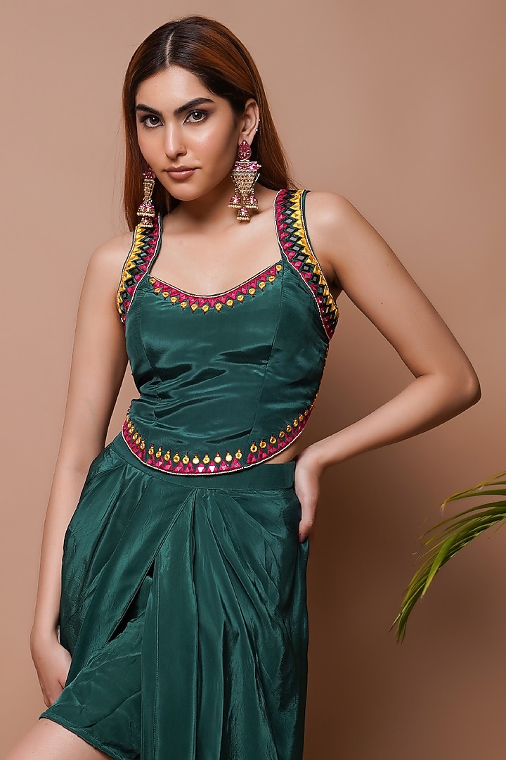 Bottle Green Natural Crepe Draped Skirt Set by AHI CLOTHING at Pernia's Pop Up Shop