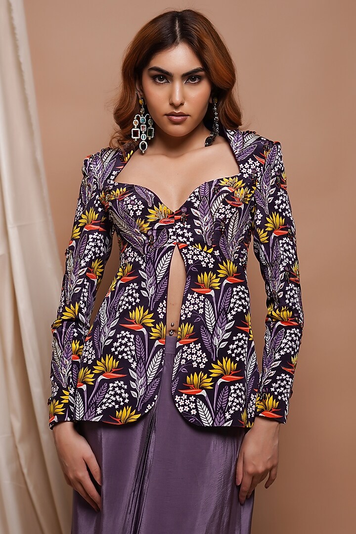 Light Purple Natural Crepe Resham & Mirror Embellished Jacket Set by AHI CLOTHING at Pernia's Pop Up Shop