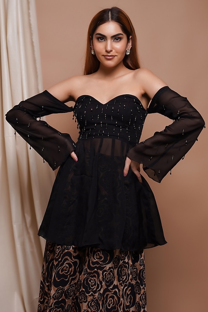Black Heavy Organza Palazzo Set by AHI CLOTHING at Pernia's Pop Up Shop