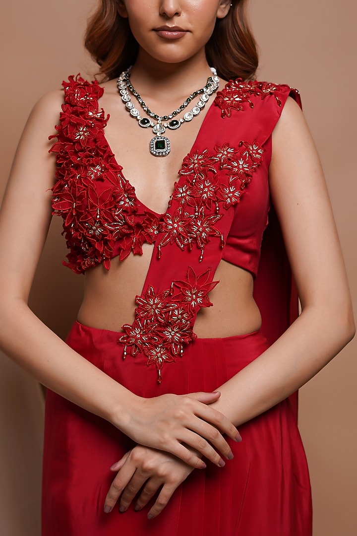 Red Heavy Crepe Pre-Stitched Draped Party Wear Saree Set by AHI CLOTHING at Pernia's Pop Up Shop