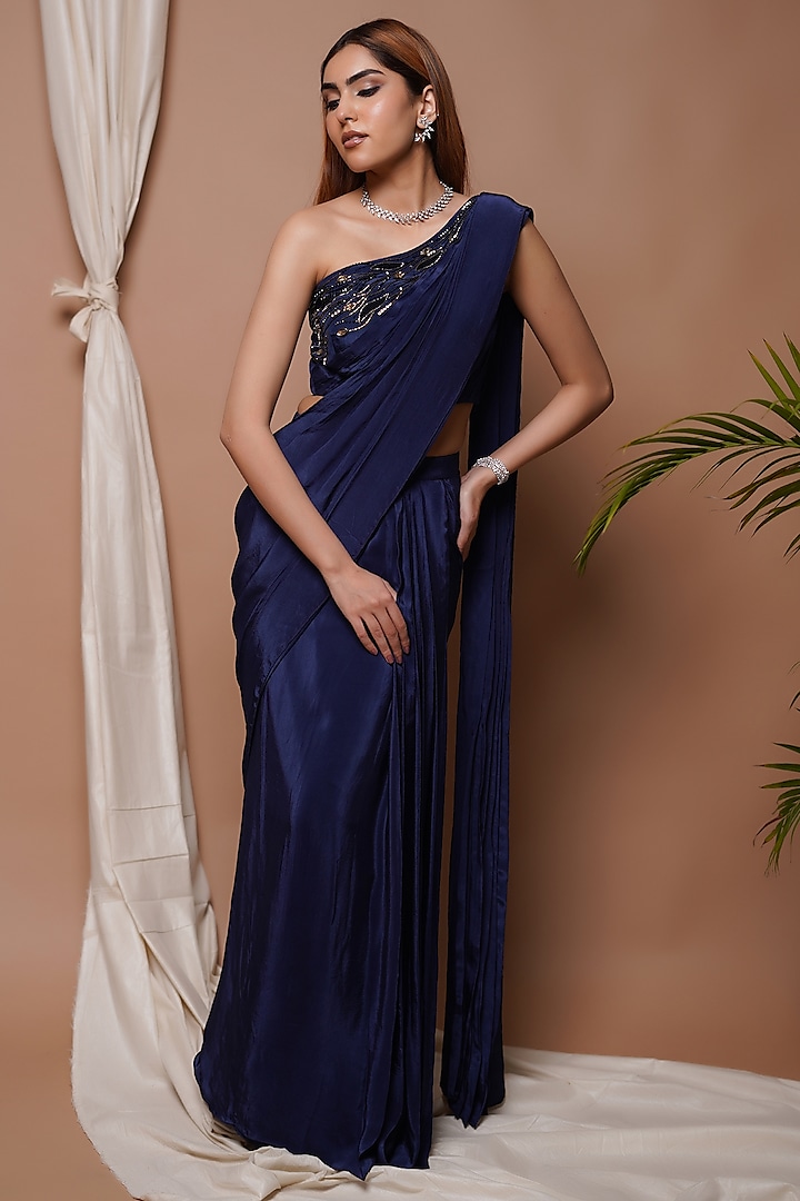 Navy Blue Natural Crepe Pre-Stitched Draped Saree Set by AHI CLOTHING