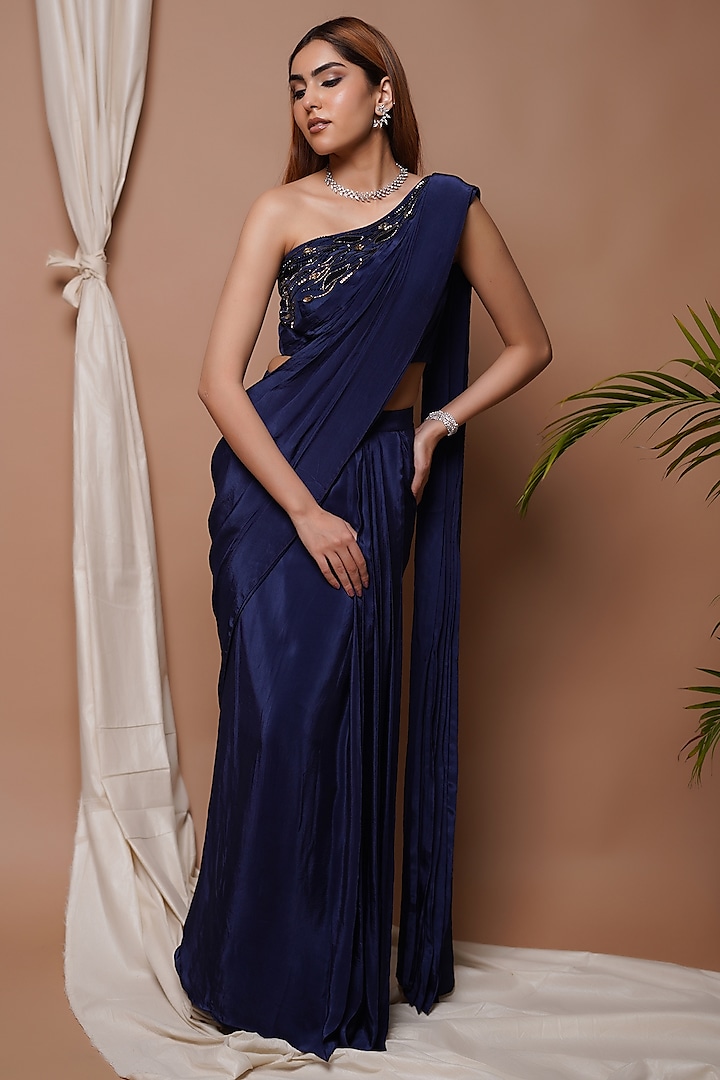 Navy Blue Natural Crepe Pre-Stitched Draped Saree Set by AHI CLOTHING at Pernia's Pop Up Shop