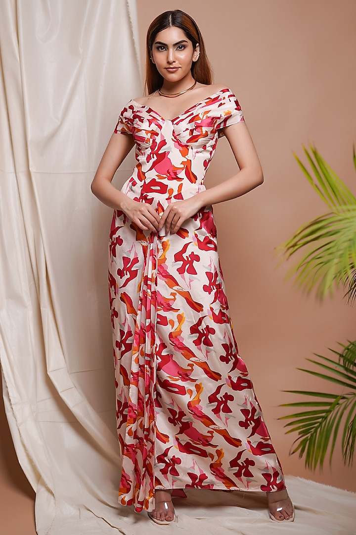 Cream Heavy Crepe Digital Printed Draped Dress by AHI CLOTHING at Pernia's Pop Up Shop