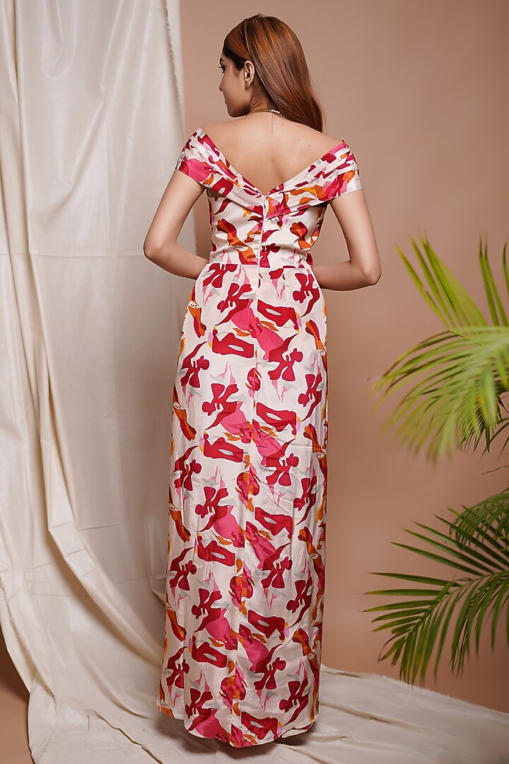 Cream Heavy Crepe Digital Printed Draped Vacation Dress by AHI CLOTHING at Pernia's Pop Up Shop
