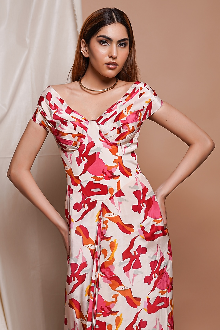 Cream Heavy Crepe Digital Printed Draped Vacation Dress by AHI CLOTHING at Pernia's Pop Up Shop