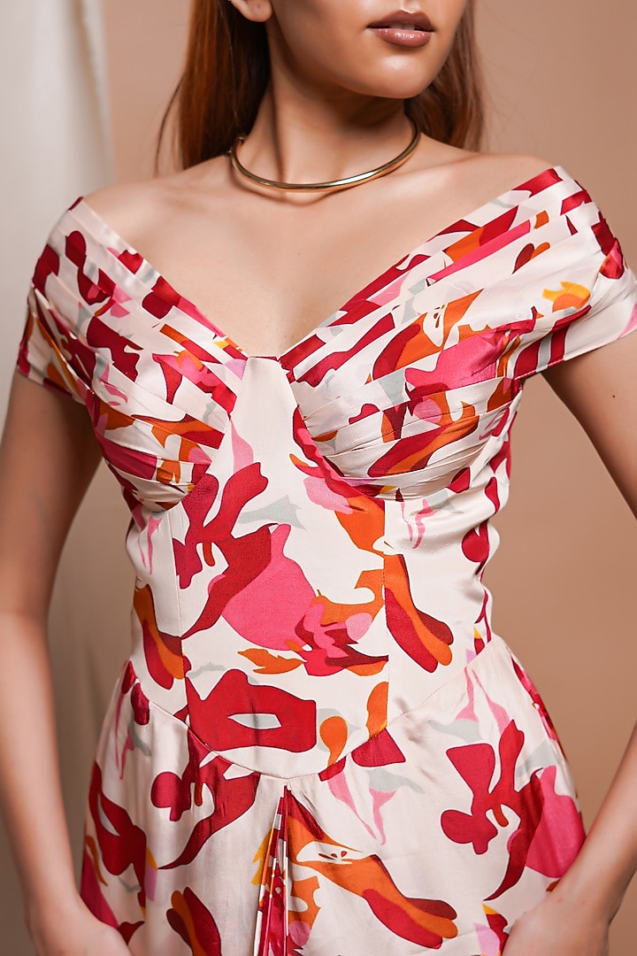 Cream Heavy Crepe Digital Printed Draped Vacation Dress by AHI CLOTHING at Pernia's Pop Up Shop