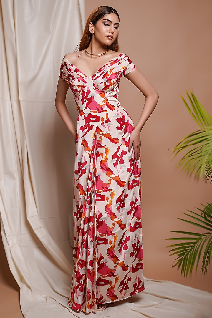 Cream Heavy Crepe Digital Printed Draped Vacation Dress by AHI CLOTHING at Pernia's Pop Up Shop