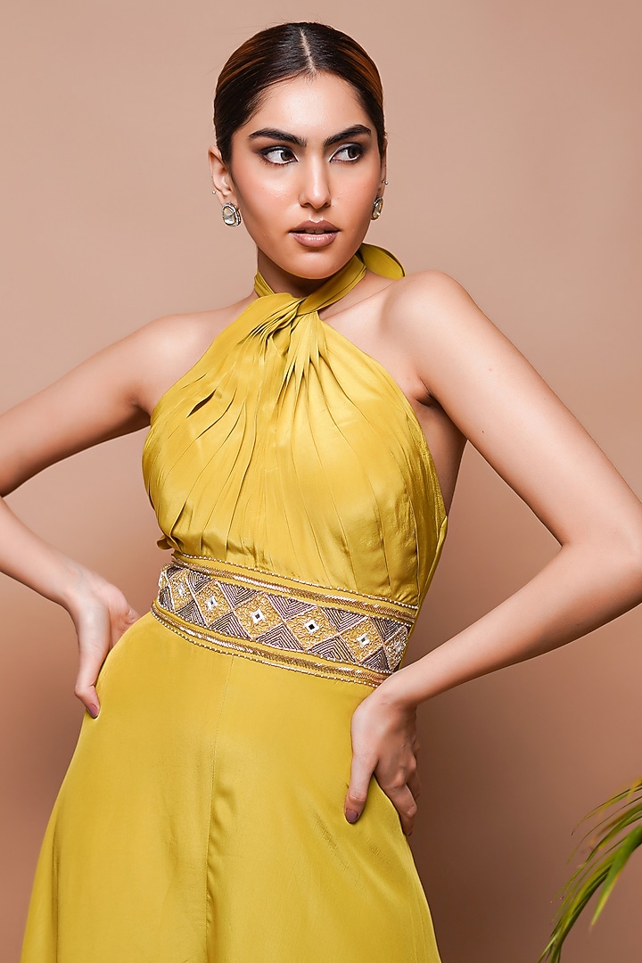 Green Heavy Crepe Zari & Resham Embroidered Jumpsuit by AHI CLOTHING at Pernia's Pop Up Shop