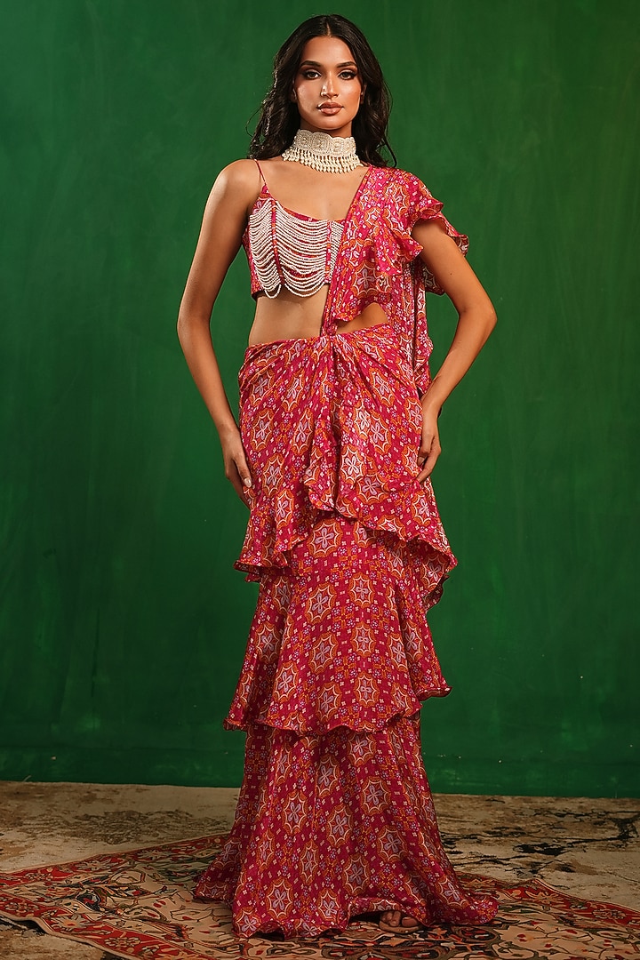 Fuchsia Crepe Digital Printed Ruffle Tiered Draped Wedding Saree Set by AHI CLOTHING at Pernia's Pop Up Shop